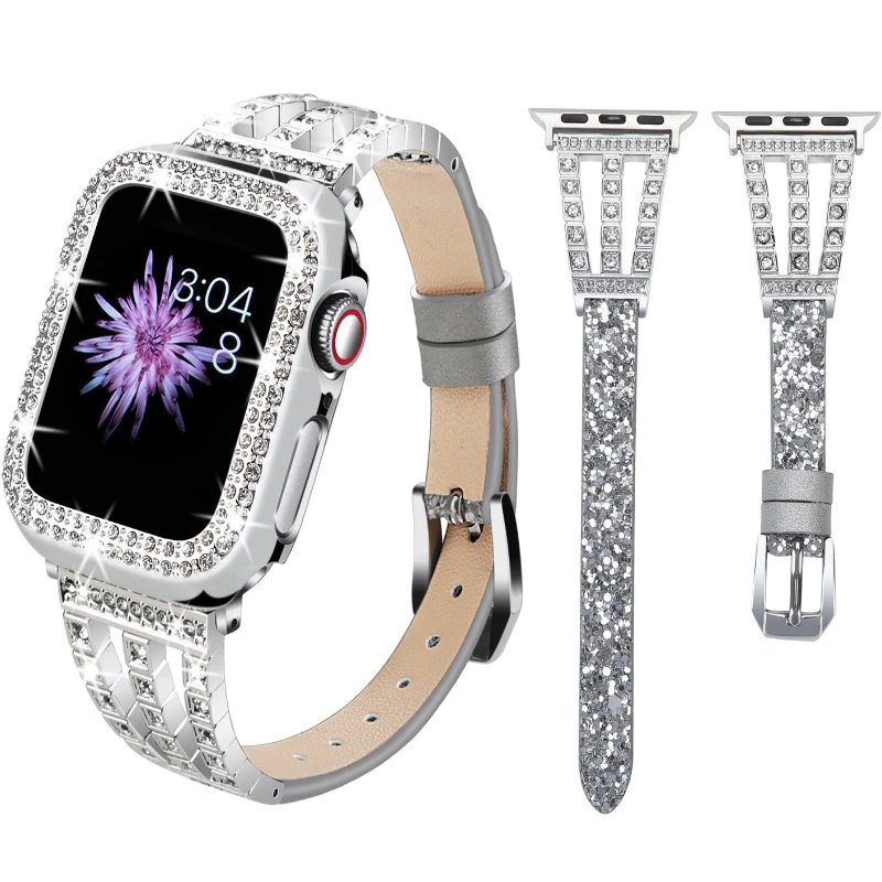 

Women Diamond Metal+Leather Strap For Apple Watch 8 7 45mm 41mm Ultra 49mm Exquisite Band iWatch 6 5 4 3 SE 44mm 40mm 42mm Case