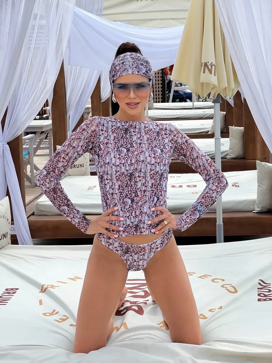 2026 Trajes de baño de una pieza de manga larga acolchados con cuello redondo y estampado Retro para mujer, trajes de baño de corte alto, traje de baño, Куwlльник