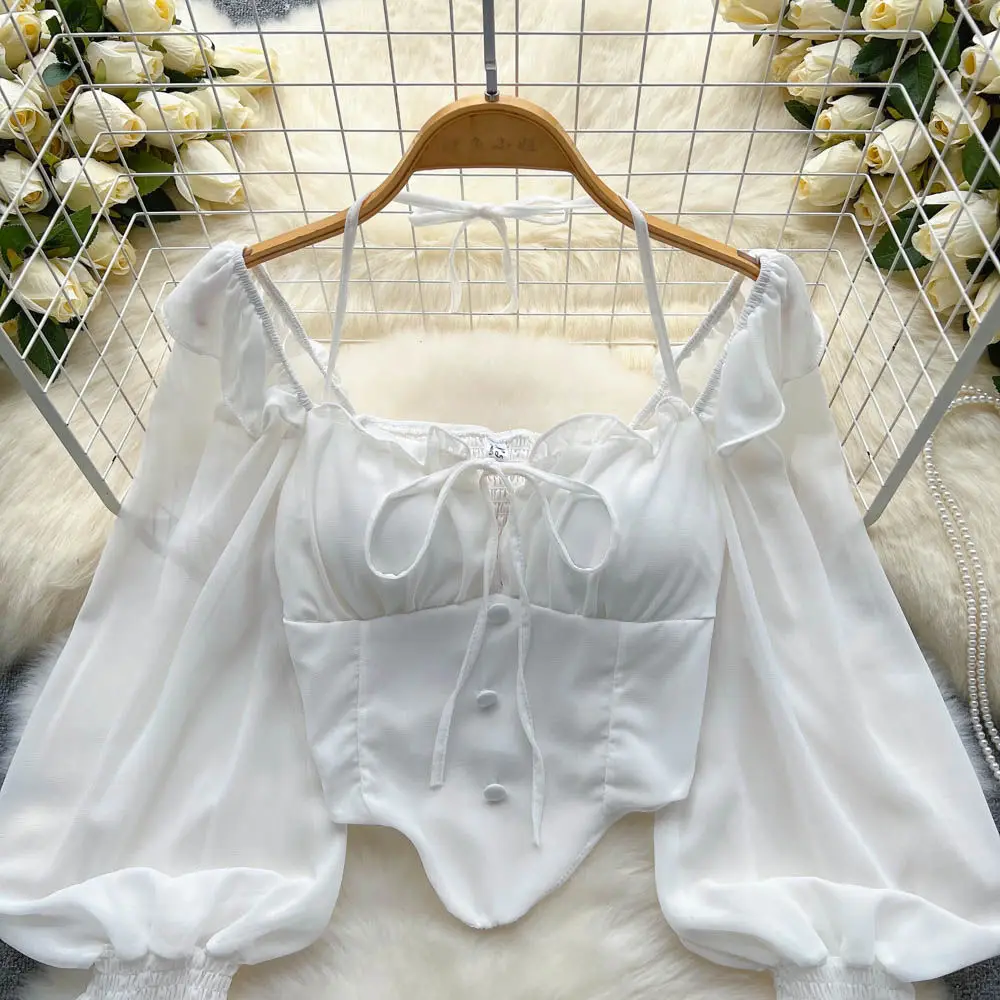 White Blouses Women Aesthetic Solid All-match Vintage Casual Ladies Tops Slim Schoolgirls Spring Bandage Lantern Sleeve Clothing