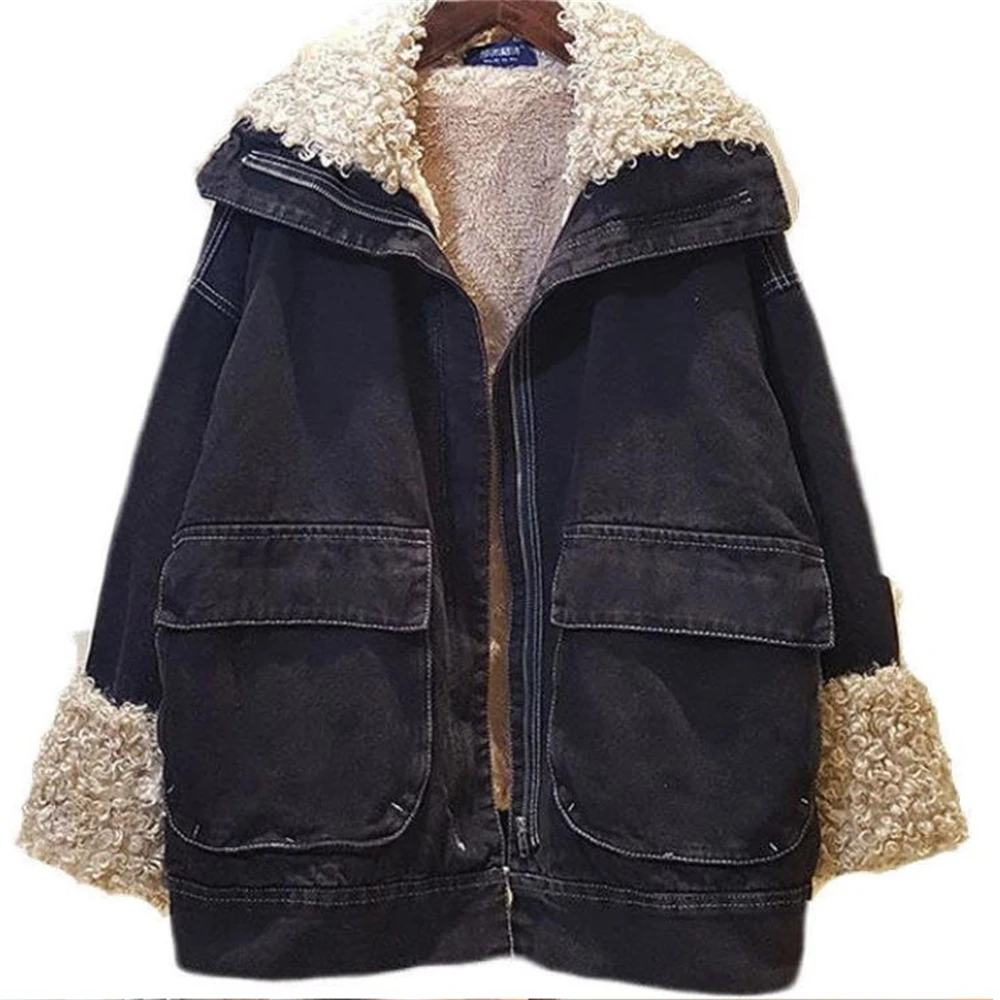 

Retro Lambswool Coats for Women Casual Denim Jacket Thick Parkas Plus Velvet Keep Warm Female 2024 Winter