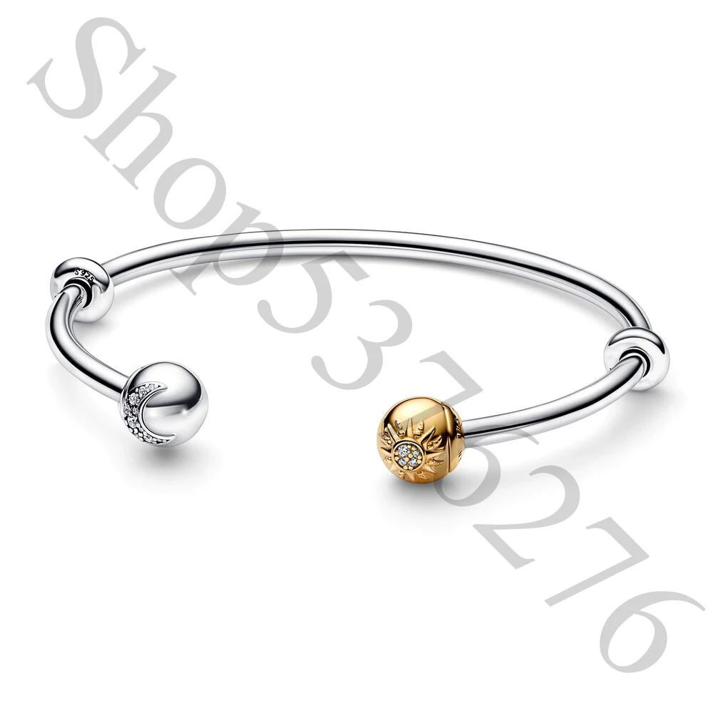 

Authentic 925 Sterling Silver Moments Two Tone Sparkling Moon & Sun Fashion Open Bangle Fit Women Bead Charm Gift DIY Jewelry