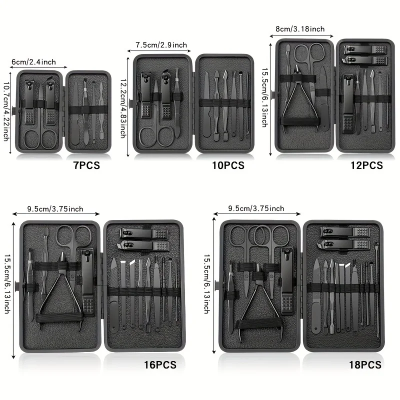 710/16/18pcs Black Manicure And Pedicure Set Stainless Steel Scissors Nail Clipper Grooming Tool Kit