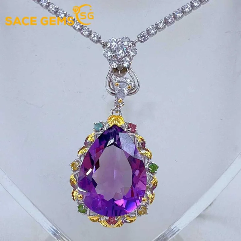 

SACE GEMS S925 Sterling Silver 15*20MM Natual Amethyst Pendant Necklaces for Womne Engagement Cocktail Party Fine Jewelry