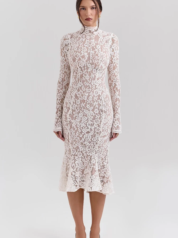Fantoye Rundhals-Meerjungfrauenkleid mit Blumenspitze und Reißverschluss für Damen, langärmelig, doppellagig, Midikleid, Winter, schmal geschnitten, elegantes Party-Outfit