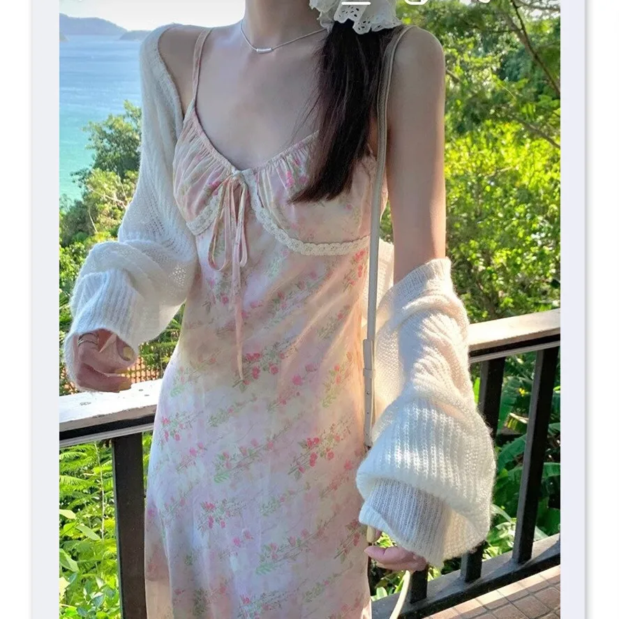 Women's Clothing Summer Dress 2024 Camisole Long Dress Floral Lace Patchwork French Long Vestido Female Beach Holiday Dress