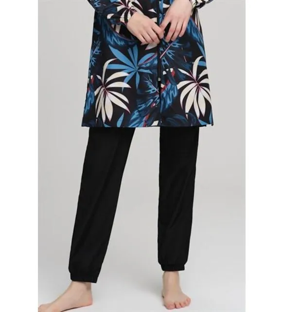 Nehar 2236 palm patterned weaving blue black full hijab swimsuit