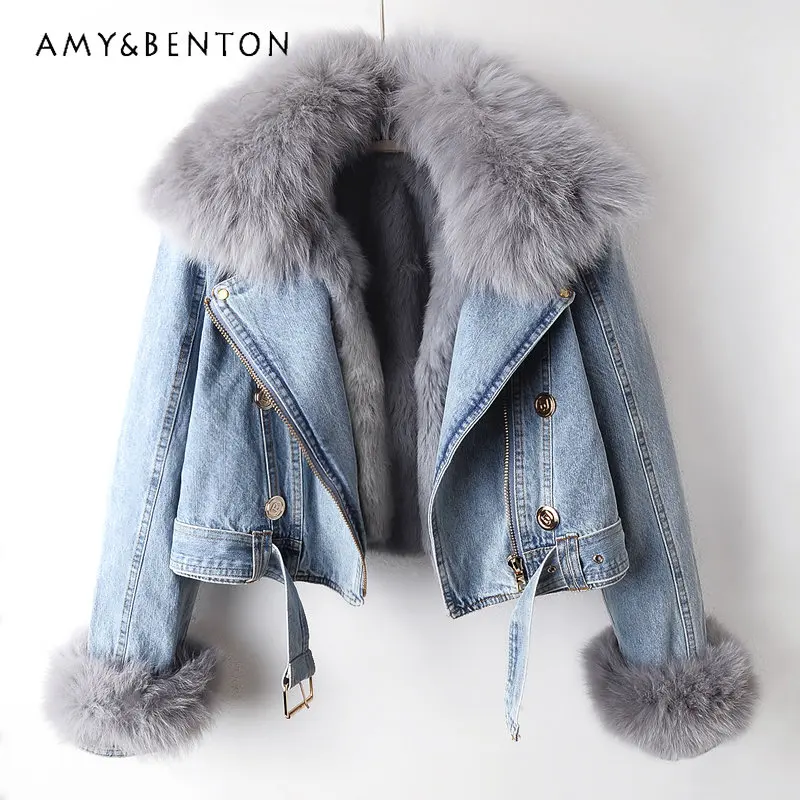 2023 Autumn And Winter New Fox Fur Collar Rabbit Fur Liner Fashionable Small Denim Jacket Women's Clothing Short Top Zipper Coat zipper laptop sleeve case liner sleeve laptop storage 11 12 13 14 15 15 6inch notebook bag for macbook laptop air pro retina