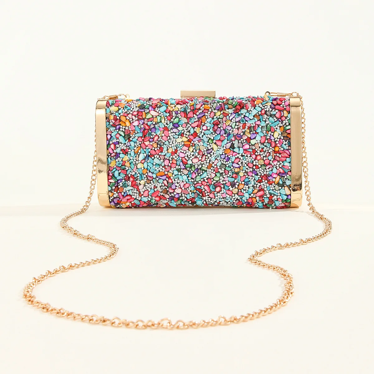 2023 New Women Full Side Colorful Stone Evening Bags Metal Sequins Clutch Purse Chain Banquet Wallets Drop Shipping