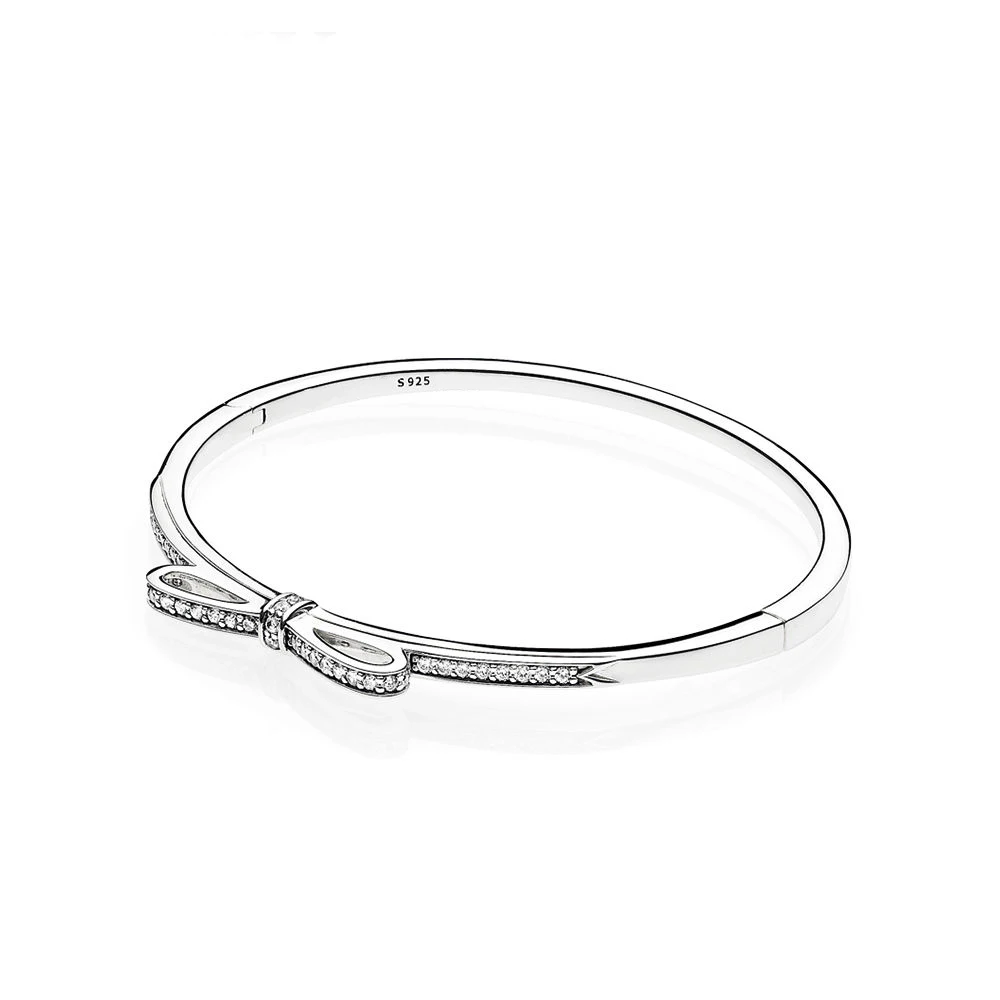 

Authentic 925 Sterling Silver Sparkling Bow Fashion Bangle Fit Women Bead Charm Gift DIY Jewelry