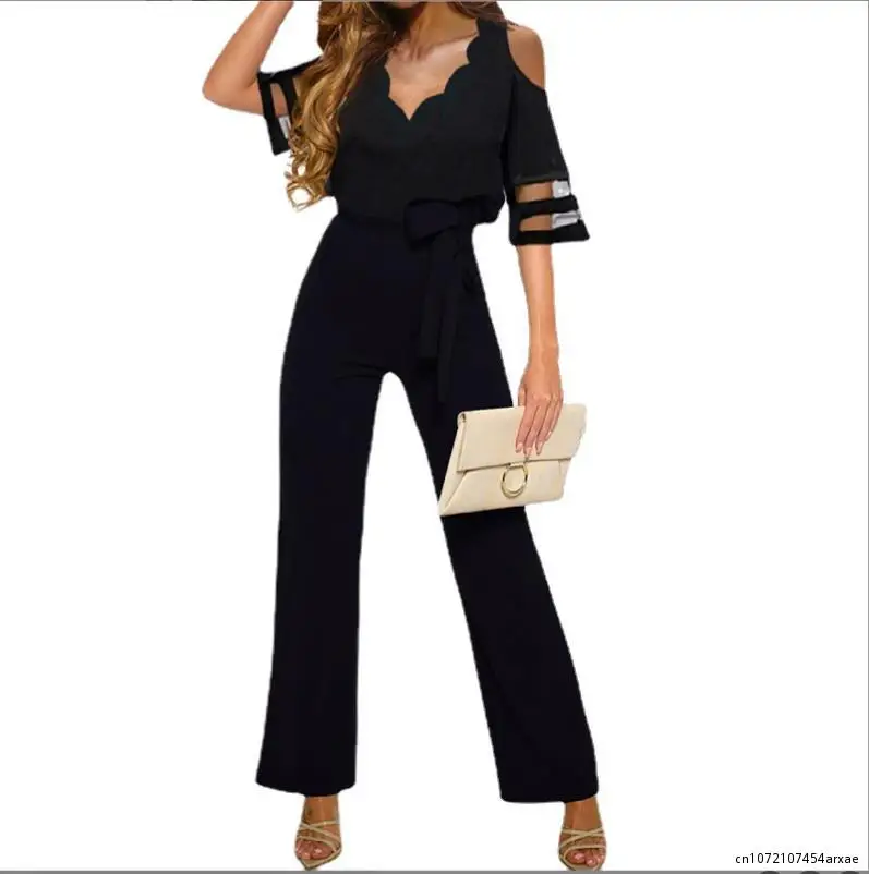

Office Jumpsuit Women 2023 Elegant Net Yarn Patchwork Summer Off Shoulder Lace-up Jumpsuit Streetwear Romper Overalls Women