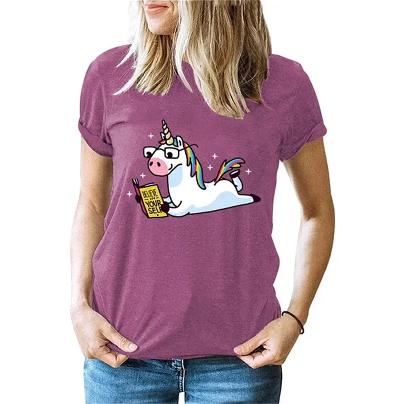 

Unicorn Reading Book Print Women Summer T-shirt Clothes Cotton Aesthetic Graphic Female Casual Tshirt Ladies T Shirt Clothes