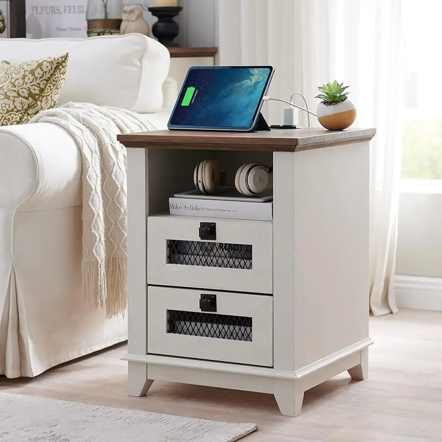 

Nightstand with Charging Station,Industrial & Farmhouse Square End Table / Drawers & Open Cubby,Storage for Bedroom,Living Room