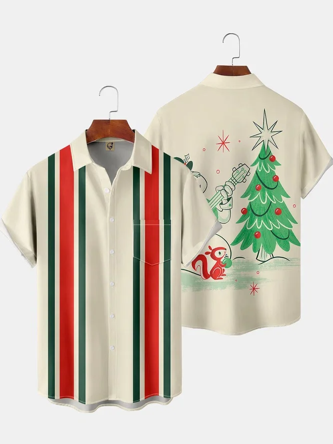 New Christmas Print Men Shirts Casual Vinatge Color Short Sleeve Hawaiian Shirt with Chest Pocket Loose Breathable