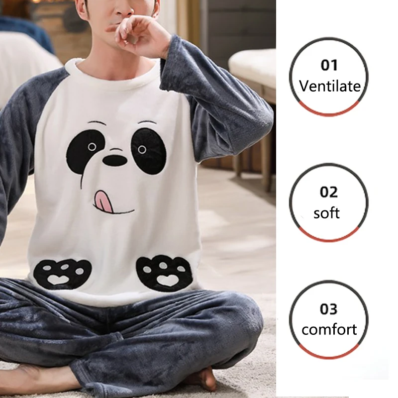 Man Pajamas Set 2pcs/Set Fall And Winter Facecloth Men's Pajamas Padded Thickened Warm Long-Sleeved Teenagers Coral Fleece Homewear boy clothes