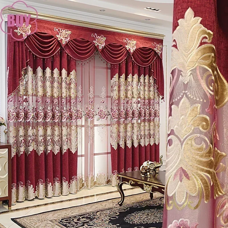 European Style Curtains for Living Dining Room Bedroom Light Luxury Snowy Embroidered Curtains Red Curtain Valance Curtain Tulle