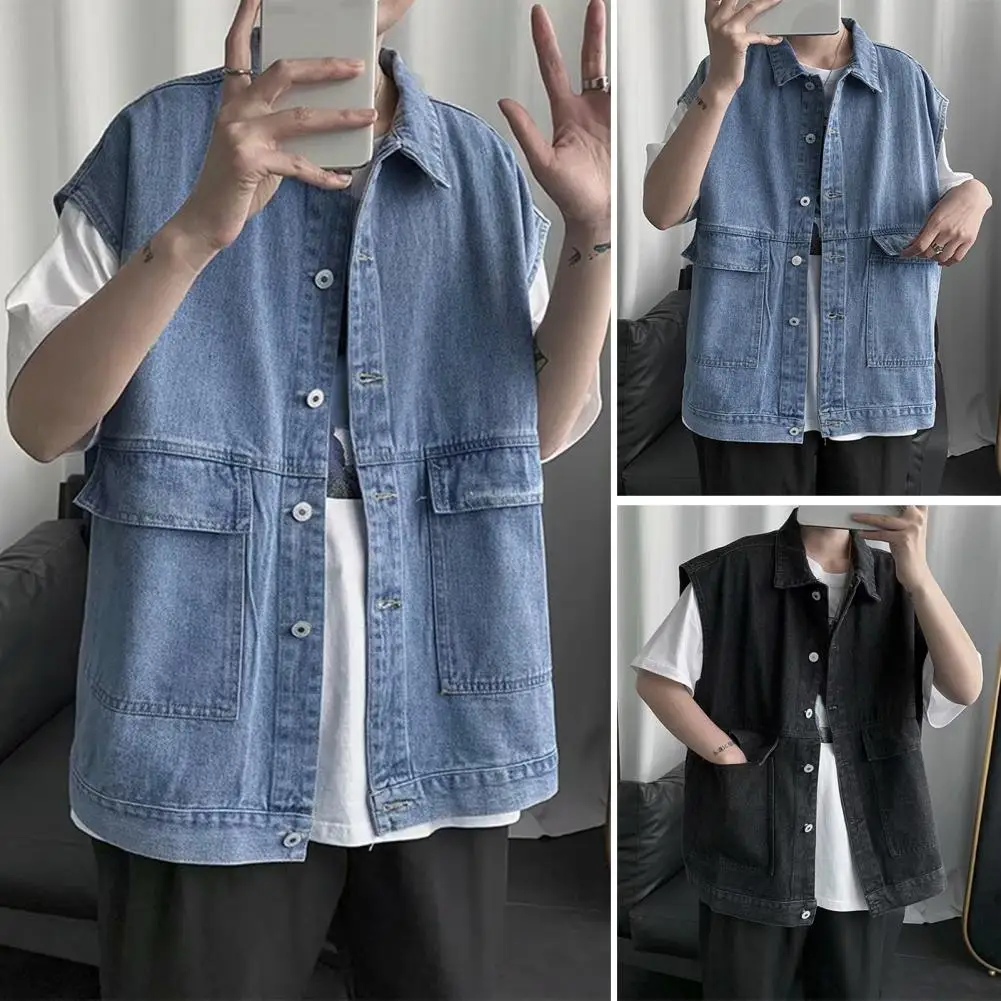 Breathable Denim Vest Men's Sleeveless Denim Vest with Large Pockets Ripped Holes Single Breasted Design for Casual Summer Style a6 binder budget planner notebook covers pu leather notebook binder with 12pcs 6 holes binder pockets zipper budget envelope