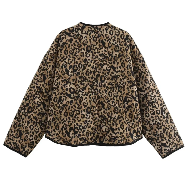 TRAF Women Winter Coats Vintage Leopard Quilted Jacket Woman Outerwears Autumn Long Sleeve Short Padded Jacket Warm Woman Coats 2