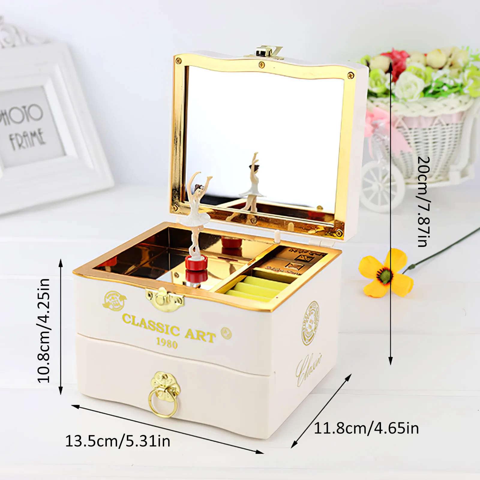 Dancing Ballerina Music Box For Kid Retro Craft Engraved Wooden Jewelry Storage Organizer With Mirror Great Gift For Birthday