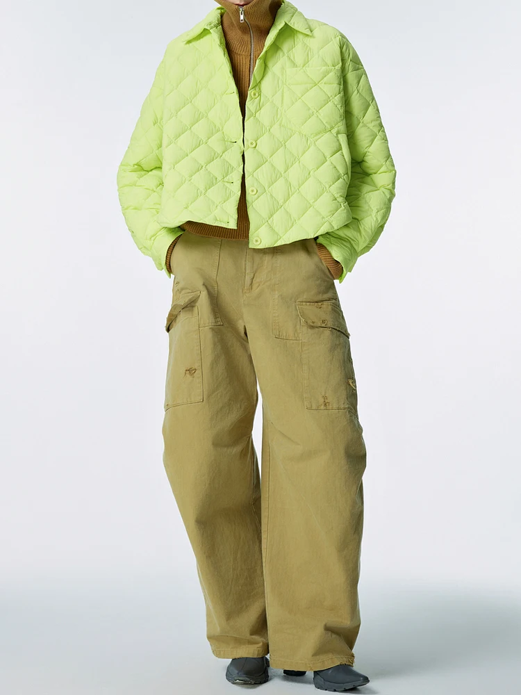 Rose red Oversized Winter Down shirt jacket High quality Quilted Single breasted coat 2024 Autumn Fluorescent Green INKEO 3O286