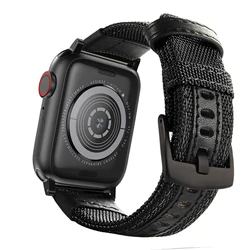 Elegant Leather and Fabric Solo Loop Watch Band - Premium Elastic Nylon Bracelet Strap - 38mm or 40mm or 41mm (Black)