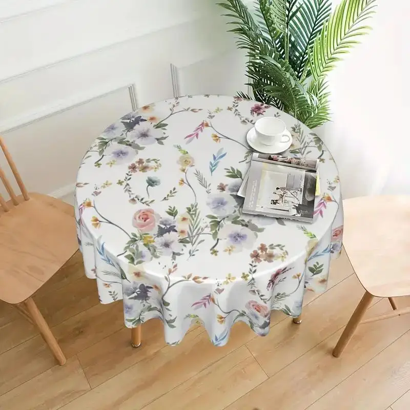 1PC Spring Lemon Tablecloths Stain Resistant Waterproof Wrinkle Resistant Boho Watercolor Abstract Floral Leaves Rustic