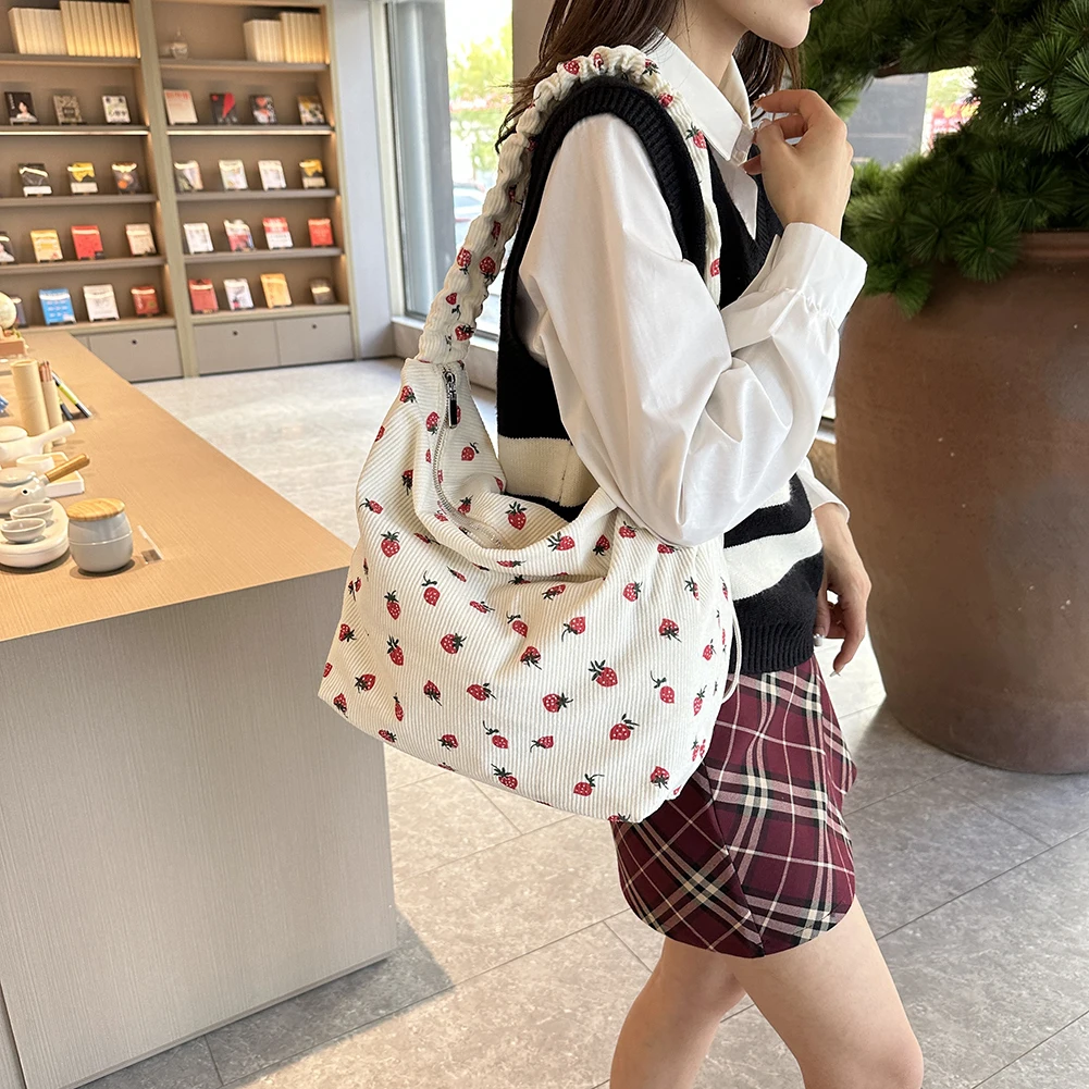 Strawberry Pattern Corduroy Crossbody Bag - Cute Women's Messenger Handbag With Zipper