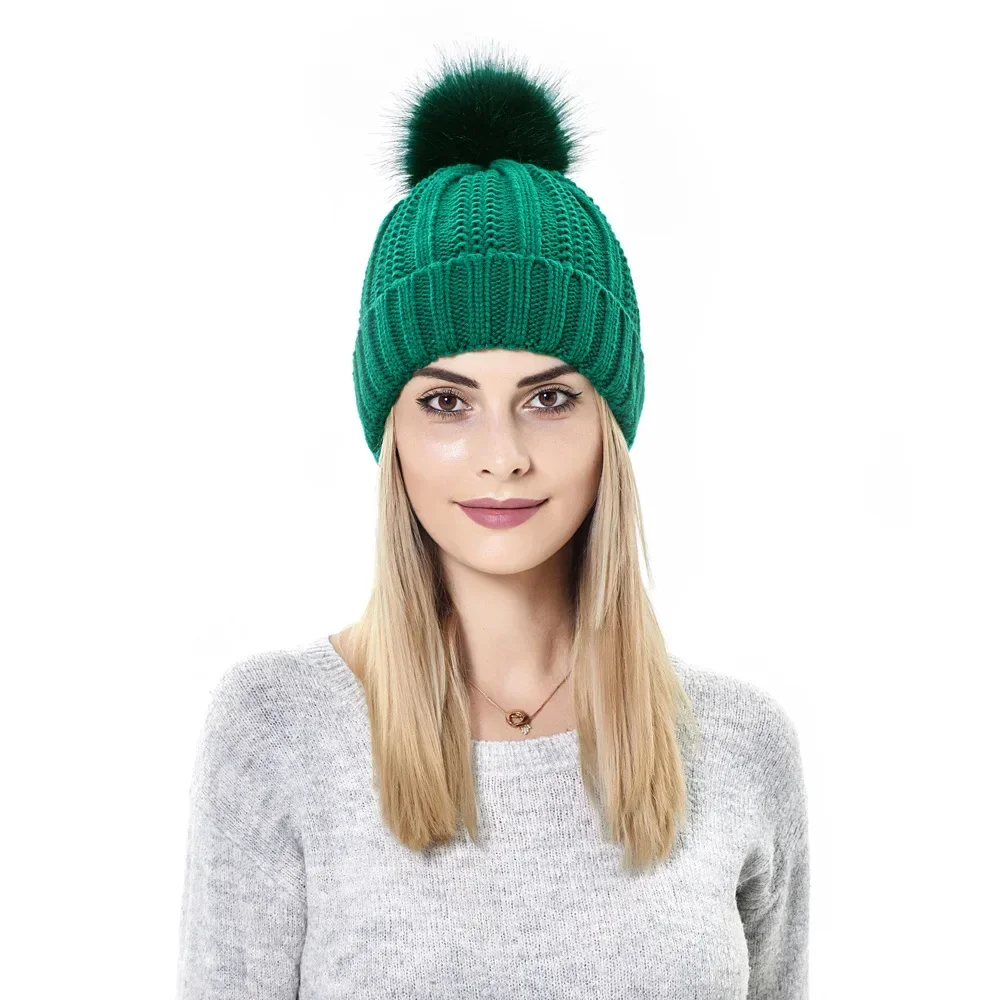 Winter Silk Satin Lined Beanie Hats for Women Thick Chunky Cap Bonnets Striped Warm High Quality Cashmere Knitted Pom Pom Hat 3