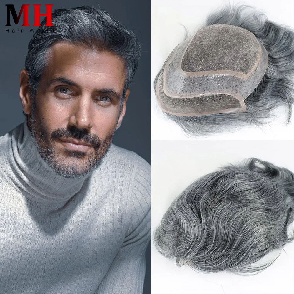 Grey French Lace Front with PU Mens Toupee Human Hair Capillary Prosthesis Breathable Wig for Men Replacement System 1B60