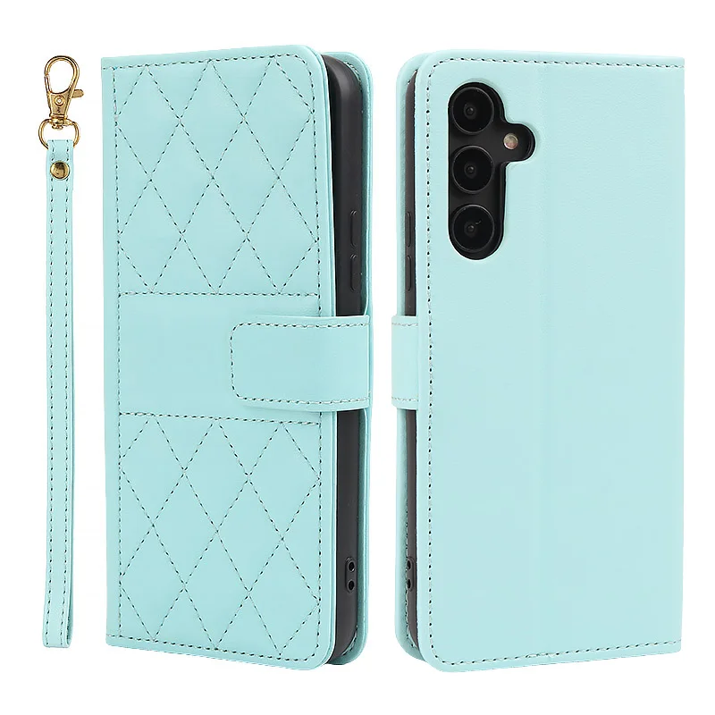 Checkered Leather Wallet Case with Lanyard Flip Cover
