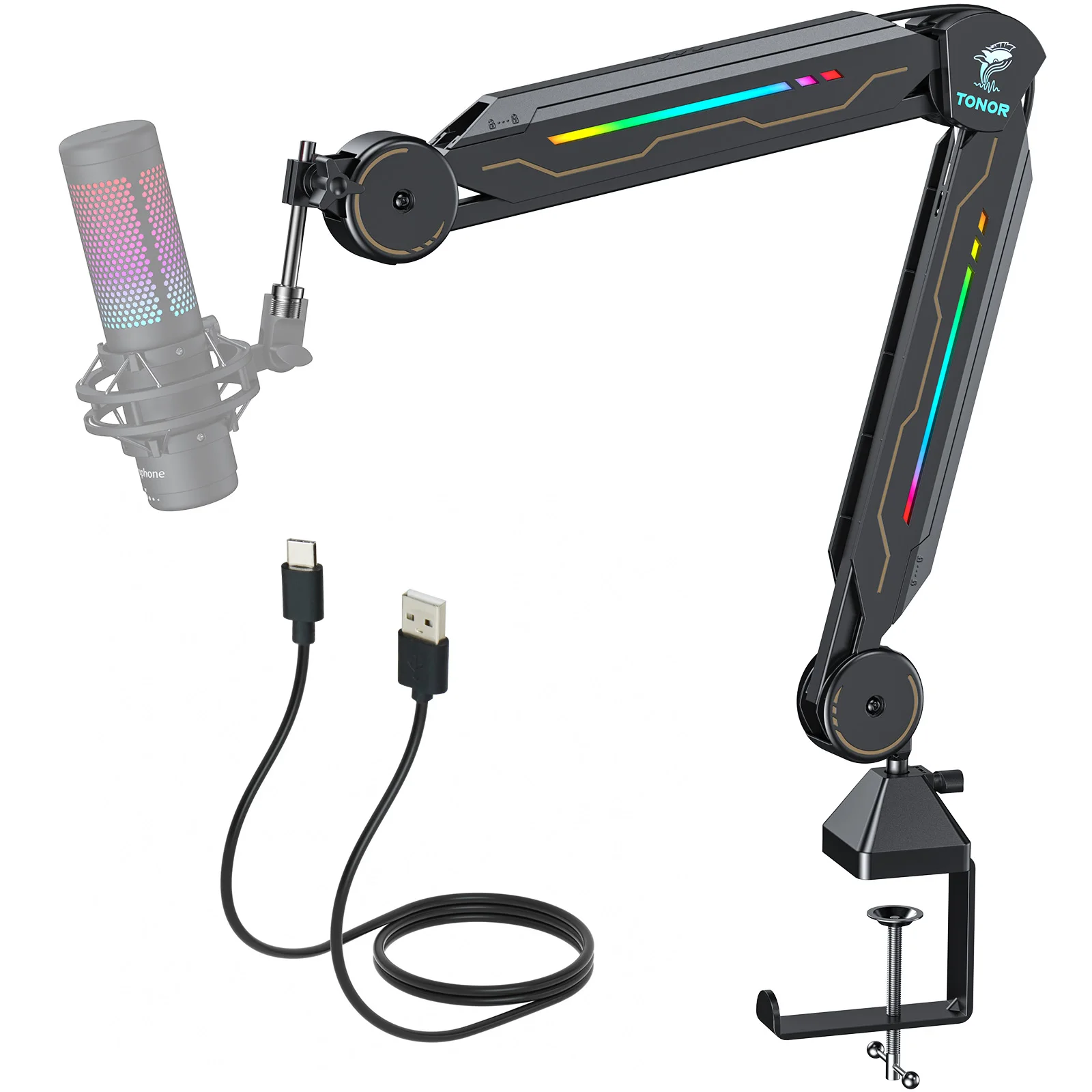 RGB Boom Arm Adjustable Mic Stand with RGB Light 5/8&rsquo;&rsquo; Screwadapter Rotatable Suspension Boom Scissor Stand