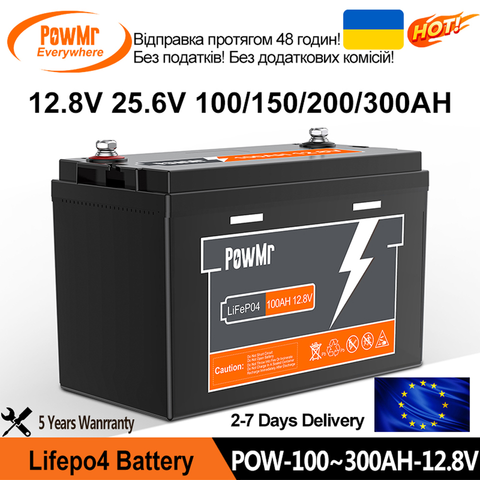 USA EU Stock PowMr 100AH 150AH 200AH 300AH Lifepo4 Battery 12.8V Support 4 Units in Series Long Life More Than 4000+ Cycle Time