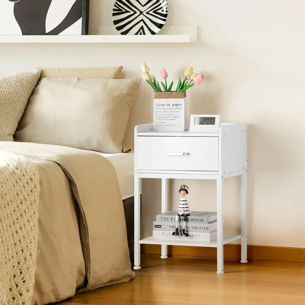 

Nightstand with Charging Station 2-Tier, Side Tables Bedroom with Drawer Small, White, Bedside Table with USB Ports and Outlets