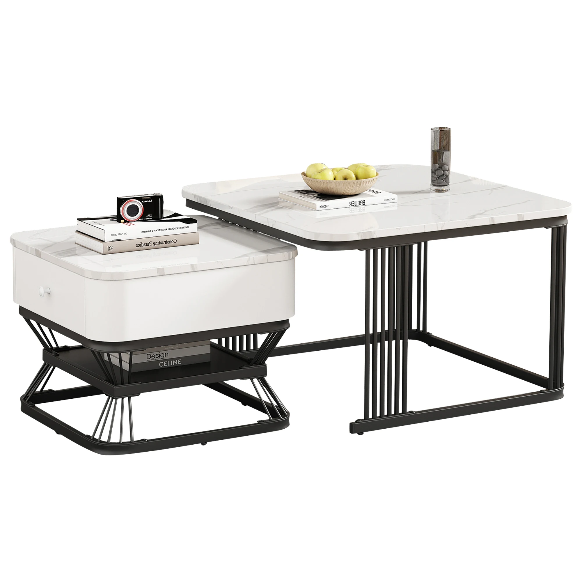 2-teiliges Couchtisch-Set, geometrisches Couchtisch-Set, Hochglanz-Marmor-Look, Wohnzimmertisch-Set mit 1 Schublade, Sofatisch – Detail 19