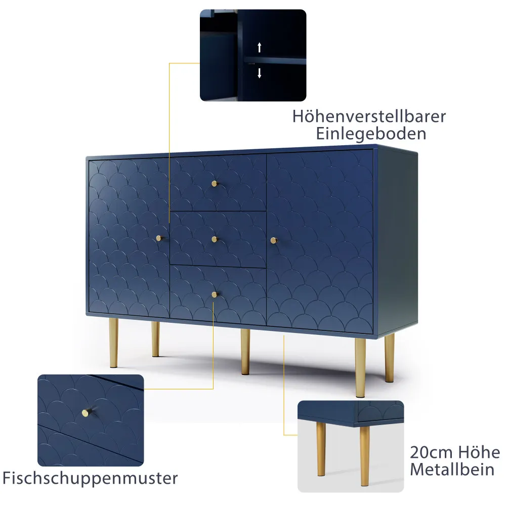 PINGGO Marineblaue Kommode mit 3 Schubladen, 2 Türen und verstellbarem Regal, Aufbewahrungsschrank für Wohnzimmer, Schlafzimmer, 120 x 40 x 83 cm – Detail 4