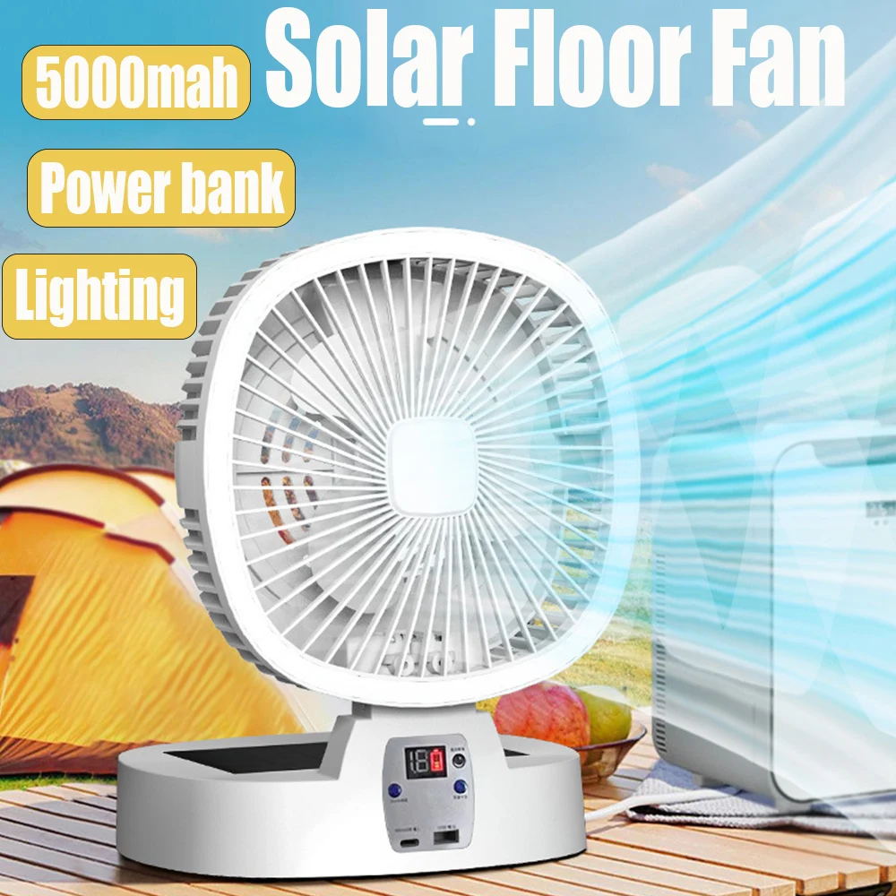 Solar Fan Portable Wireless Fold Rechargeable with Control and Lighting Power Bank Low Noise Ventilador Desktop Outdoor Camping