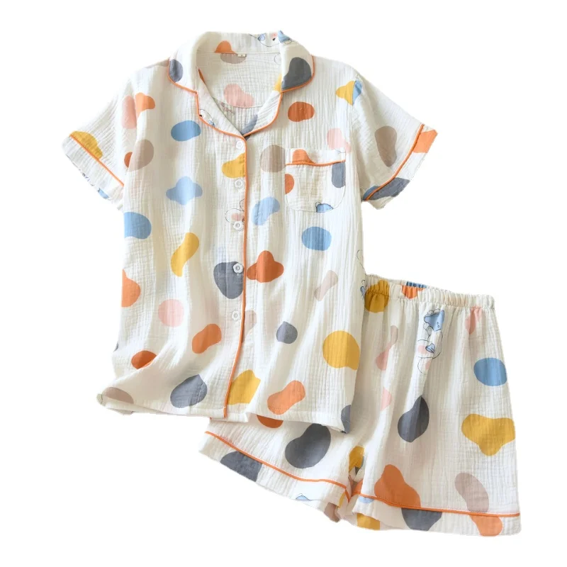 2023 Summer New Women's Home Furnishing Short Sleeve Shorts Two Piece Set 100% Cotton Crepe Ladies Cardigan Polo Nightwear Cover