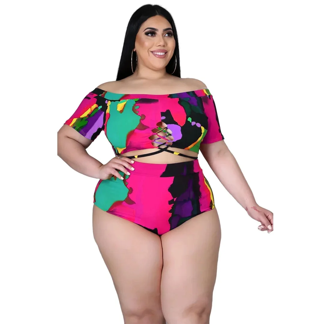 Plus Size Fashionable plus Size Women's Swimsuit Set Sexy Print One Shoulder Strap Bikini Ensemble from Mainland China Large ...