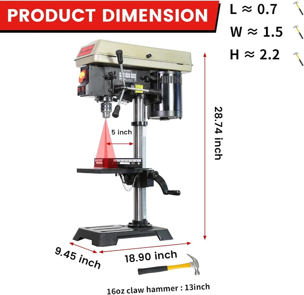 10-Inch 5-Speed Bench Drill Press with LED Light 6.0 Amp Motor 3/4 HP for Wood Metal Drilling