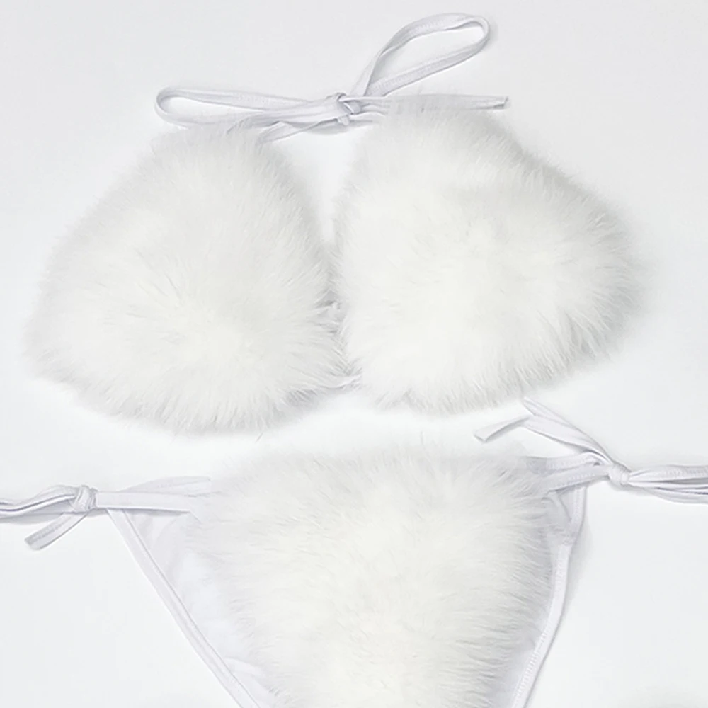 Real Whole Fox Fur Bikini Bra Sets Exotic Sexy Underwear Detachable fox fur