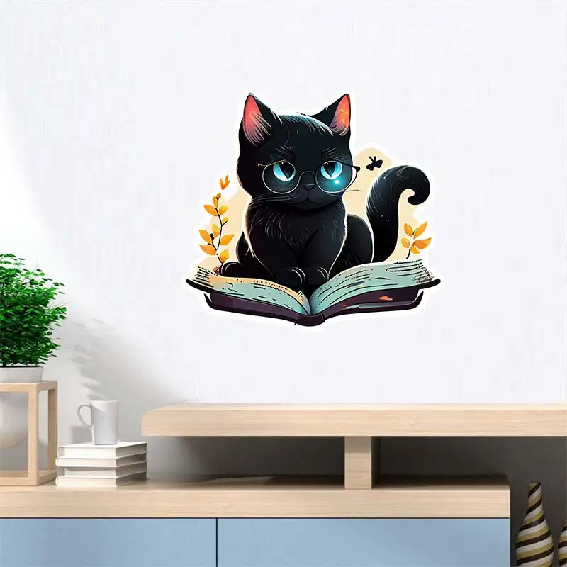 Cute Black Cat Reading Book Wall Sticker Art Mural Living Room Bedroom Decoration Home Decor Animal Stickers Decal M757