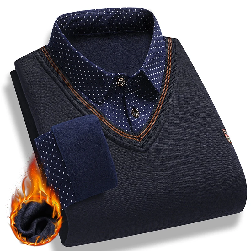 Men's Plush Sweater Autumn Winter Fake Two Piece Pullover Polo Shirt Collar Fleece Thick Warm Top Clothes Casual Jumpers 3
