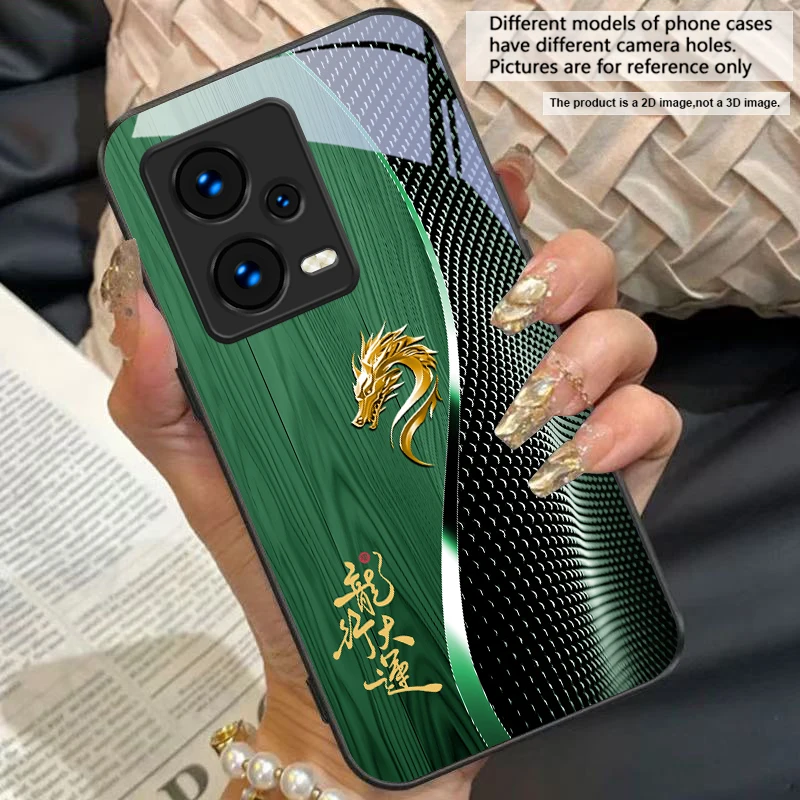 Elegant Black Tempered Glass Phone Case with Traditional Dragon Totem Design