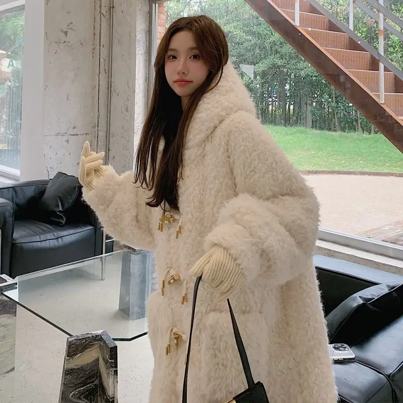 Women's Long Faux Fur Hooded Coat, Faux Fur Outwear, Horn Button, Long, Below the Knee, Casual, Thick, Warm, Winter Fashion