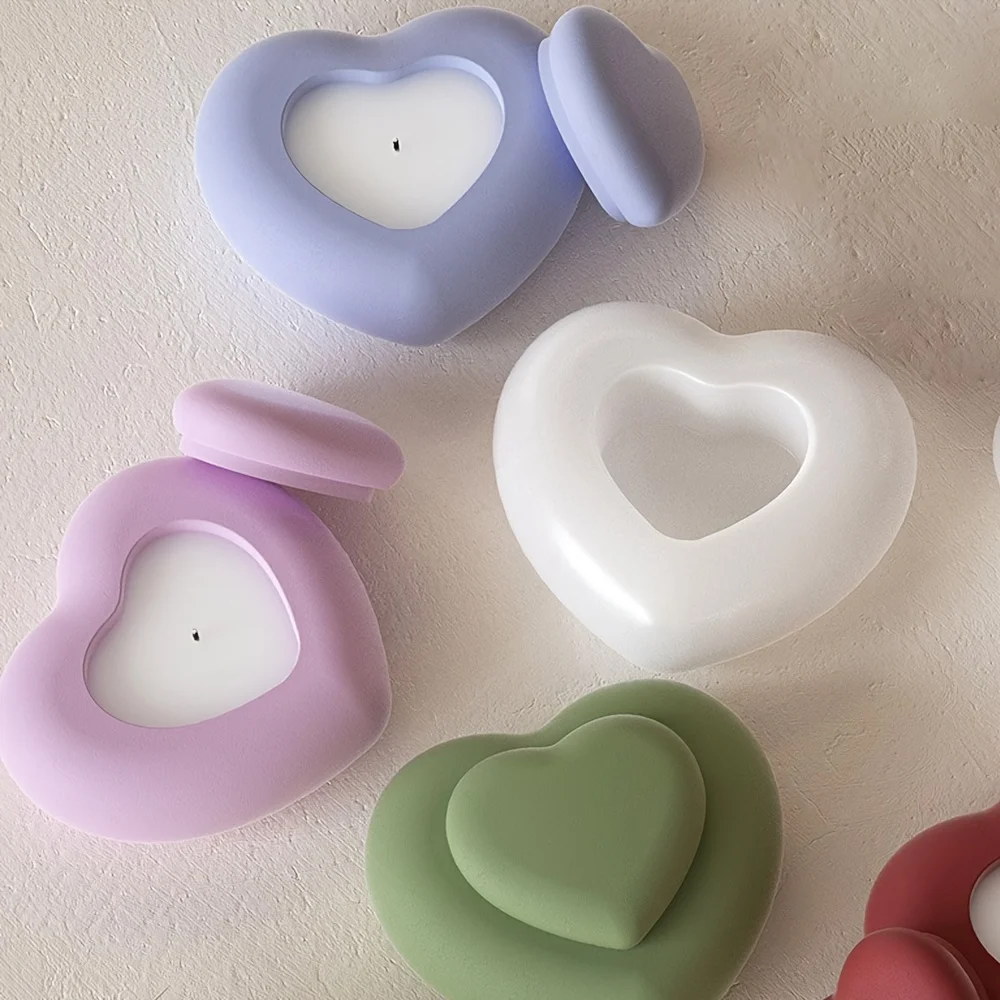 레진 주조 몰드, 뚜껑이 있는 하트 모양 실리콘 캔들 용기 몰드, DIY 보관함..