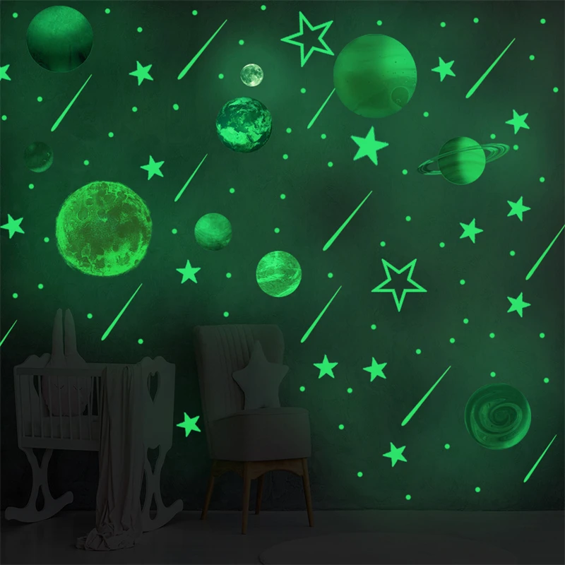 Luminous Nine Planets Moon Stars Dots Wall Stickers Kids Bedroom Living Room Glow In The Dark DIY Party Home Decor Gifts