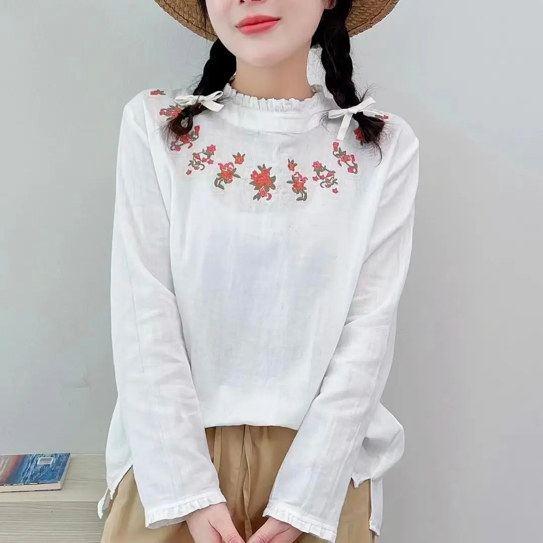 

100% Cotton Shirts Mori Girls Japan Style Boho Full Sleeve Stand Collar Embroidery Blouse Base Shirts Vintage Chubby Blouses