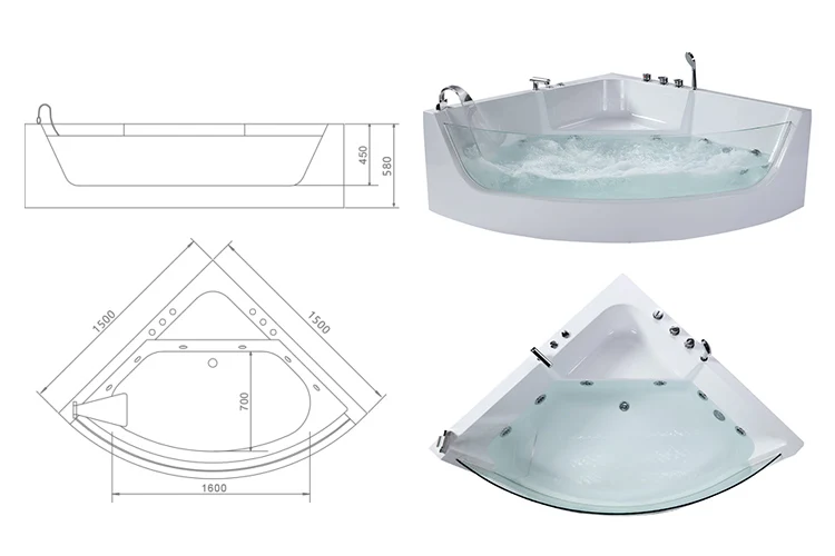 Factory High Quality Free Standing Whirlpools White Acrylic Triangle Massage Bathtub For Bathroom