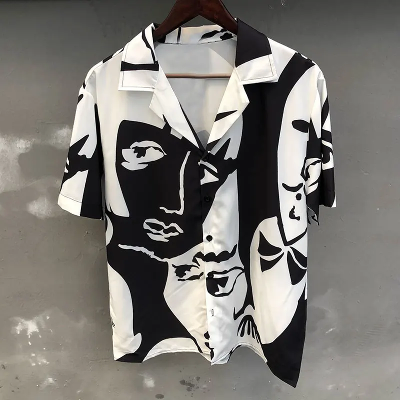 

Portrait Black White Contrast Print Shirt Short Sleeve Casual Men Shirt Streetwear Summer Camisa Masculina Shirt Moda Hombre