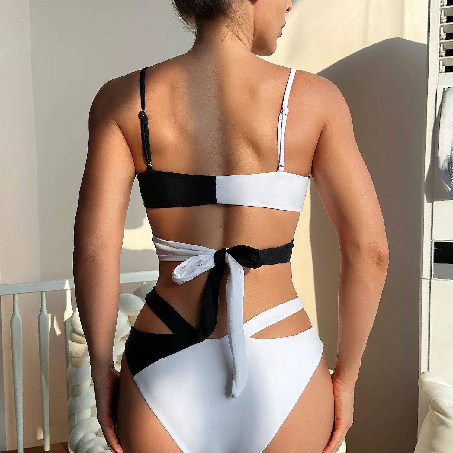 Women Cross Wrap High Waist Bikini Sets Black White Biquini Two Pieces Swimsuit Sexy 2024 Beach Bathing Suit Cut Out Swimwear