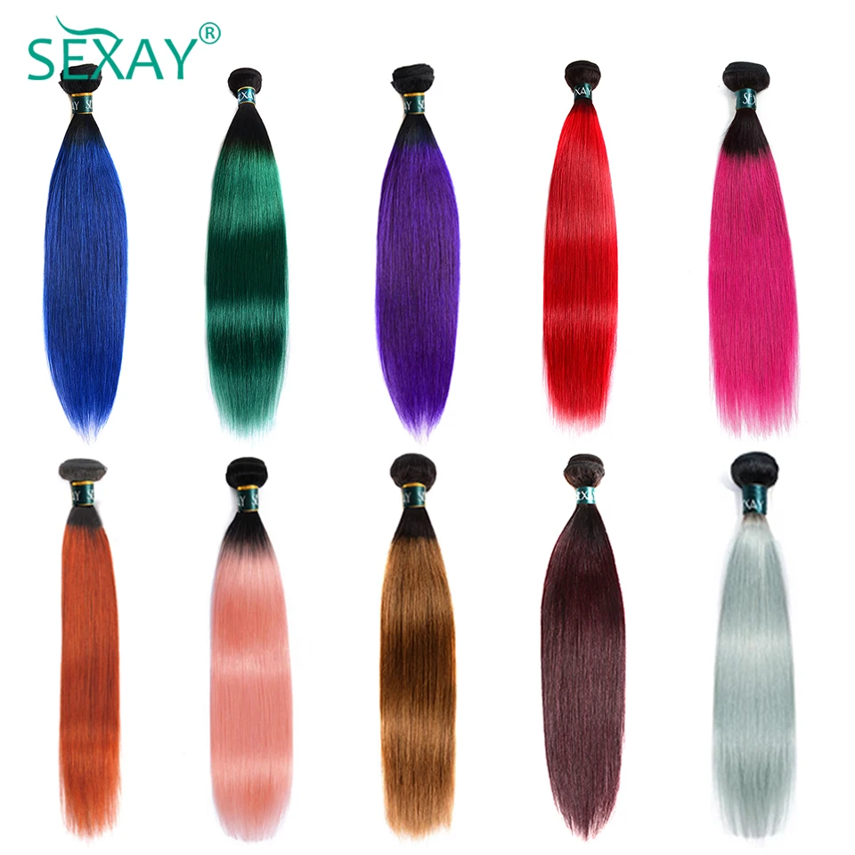 28 Inch 1B Blue Turquoise Purple Pink Straight Bundles Brazilian Straight Ombre Human Hair Weave 2 Tone Orange Grey Hair